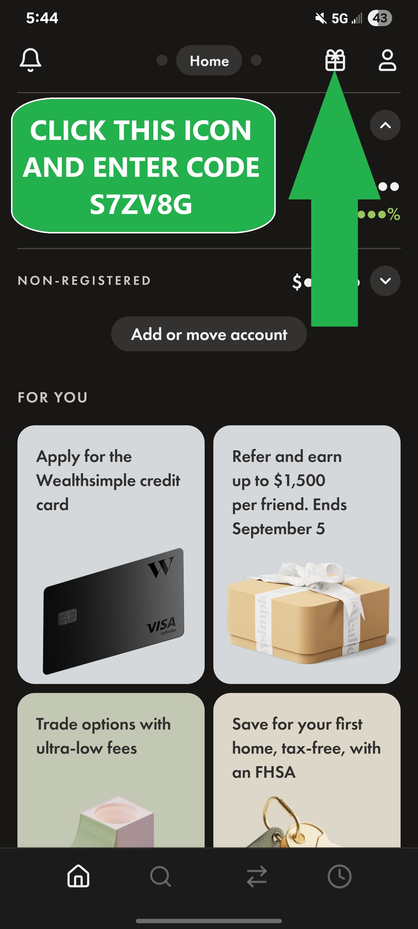 Screenshot showing where to enter Wealthsimple referral code S7ZV8G